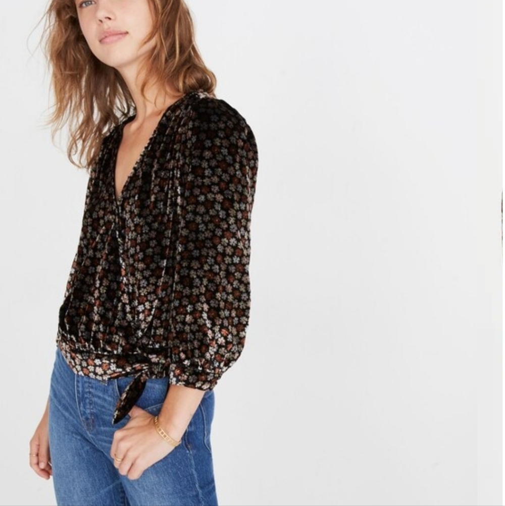Madewell Velvet Wrap Top in Petite Blooms Multicolor Top Women's Size S - Picture 2 of 11